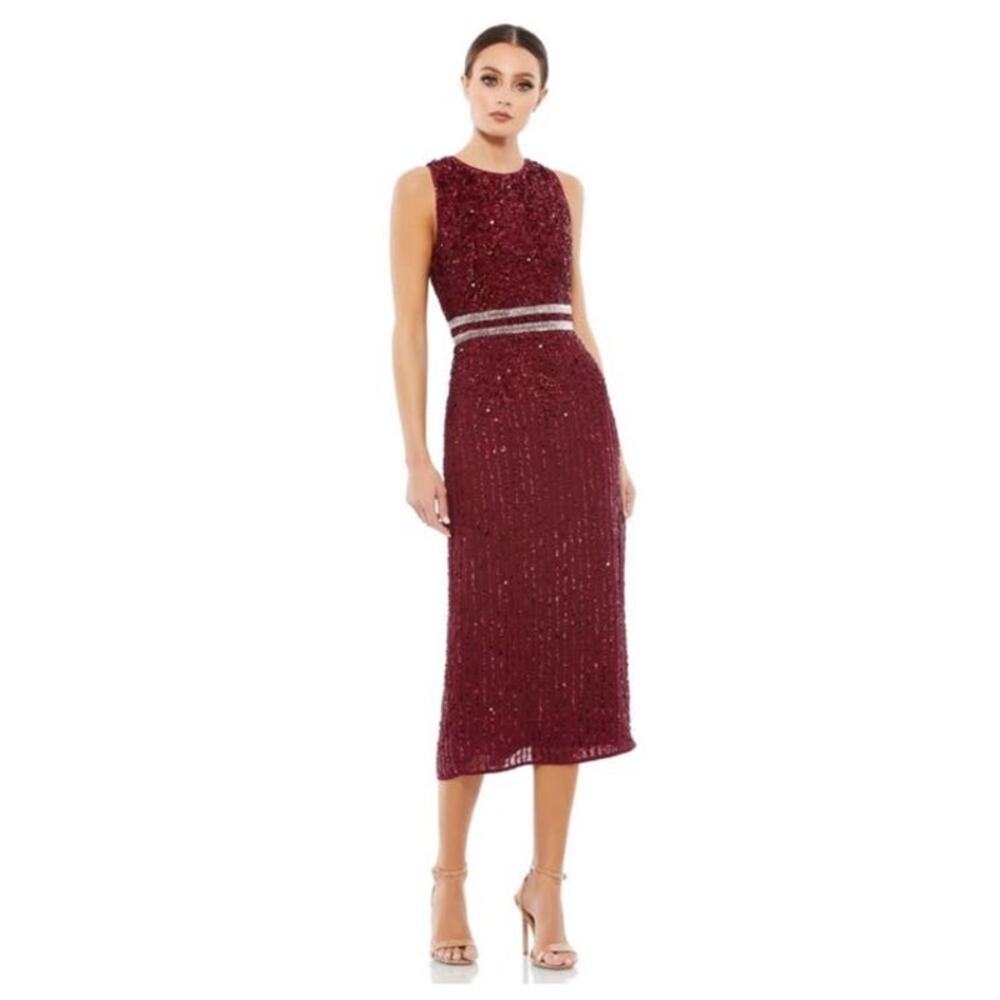Mac Duggal Size 2 NEW Sleeveless Beaded Midi Sheath Dress 10509 Burgundy NWT